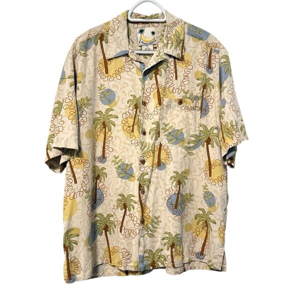 Banana Cabana 100% Silk Tropical Palm Tree Button Up Shirt Tan Yellow Size Large - Picture 2 of 6